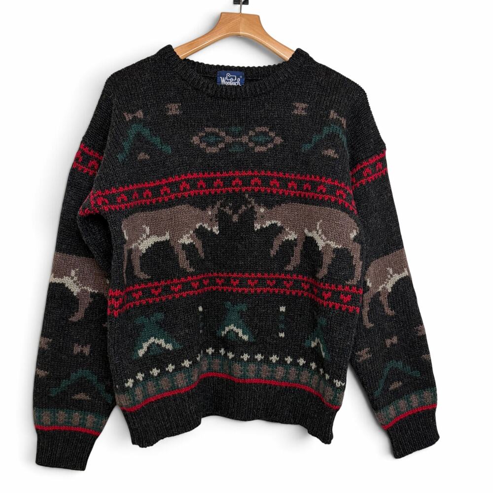 Woolrich Men’s Bucks Teepees Wool Sweater Size L VTG Cabin Fair Isle Deer Scene